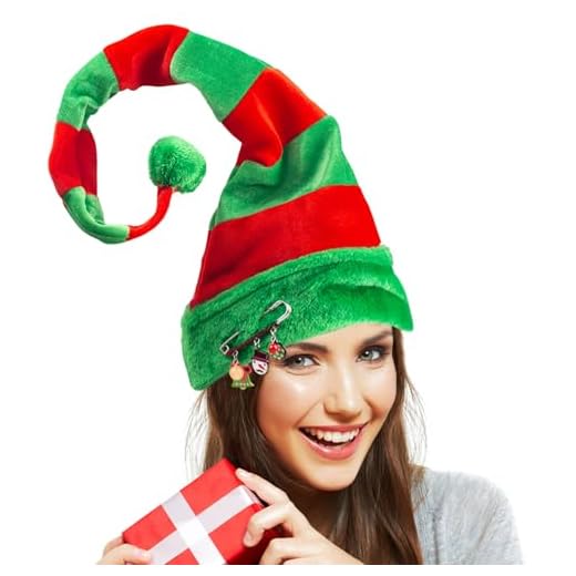 BigOtters Christmas Elf Hat, Long Striped Felt Hat with Cute Brooch Pin for Kids Adults