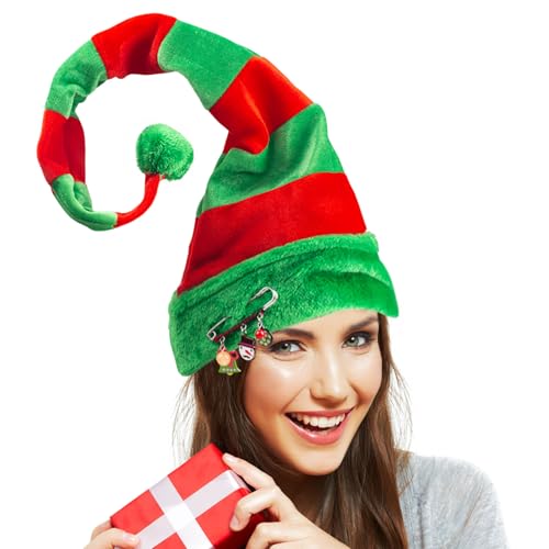 BigOtters Christmas Elf Hat, Long Striped Felt Hat with Cute Brooch Pin for Kids Adults