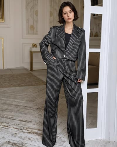 Pinstripe Pant Suits for Women Wedding Guest 2 Piece Womens Suit Casual 1 Button Short Blazer Tuxedo for Work Professional4