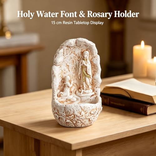 Image of KOMI Our Lady of Lourdes Resin Holy Water Font Rosary Holder for Table Decor