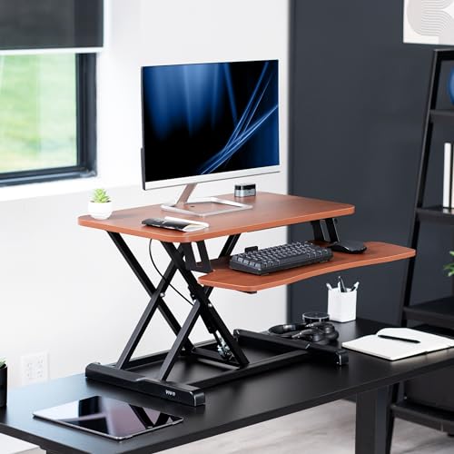 Image of VIVO 28 inch Desk Converter, K Series, Height Adjustable Sit to Stand Riser, Dual Monitor and Laptop Workstation with Keyboard Tray, Dark Walnut Top, Black Frame, DESK-V028KA