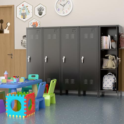 Image of SUPEER Metal Locker Cabinet with Lock, Pegboards, Hooks and Hanging Rod | 15 inchW x 15 inchD x 54.45 inchH steel locker with 2 pegboards, 5 hooks, an interior hanging rod and required assembly.