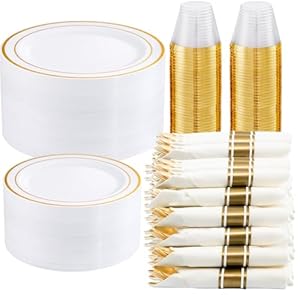 WELLIFE 350-Piece Gold Disposable Plates and Cutlery Set – Premium 10.25″ Dinner Plates, 7.5″ Dessert Plates, 9oz Cups & Cutlery for Weddings, Catering Events – 50 Guest Service – Elegant & Sturdy