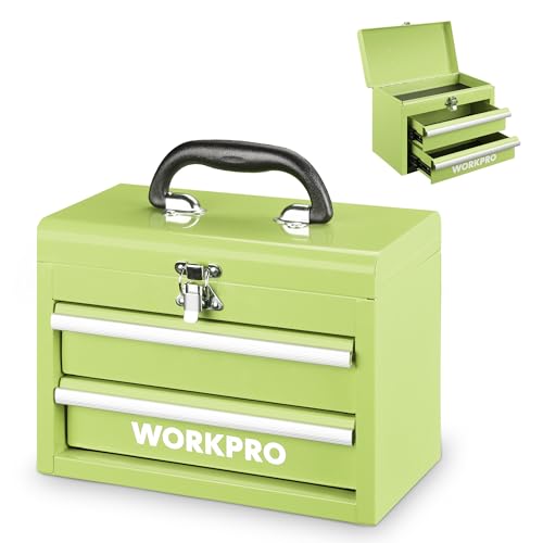 WORKPRO Metall Schubladenbox mit 2 Schubladen & Oberer Stauraum Avocadogrün, 27,5x15x20,8cm Tisch Organizer mit Schubladen & Griff für Büro Umkleidekabine und Schreibtisch, Tragbarer Werkzeugkasten