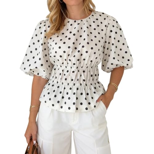 Image of Muspeczenith Women Y2K Polka Dot Peplum Tops Puff Short Sleeve Babydoll Blouse Smocked Cinched Waist Shirt Vintage Streetwear (White, L)