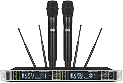 UHF Wireless Microphone System,Dual Channel with 2 Metal Handheld Microphones,200 Channels Alternative Frequency,500FT Working Distance,Ideal for Karaoke,Meeting,Party,Church,Wedding