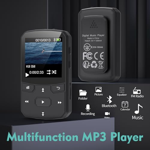 Image of RUIZU 64GB Clip MP3 Player with Bluetooth 5.3, Portable Music Player with Voice Recorder for Sport Running, FM Radio, Pedometer, A-B Repeat, Audio Video, Shuffle Playback, Support 128GB TF Card, Black