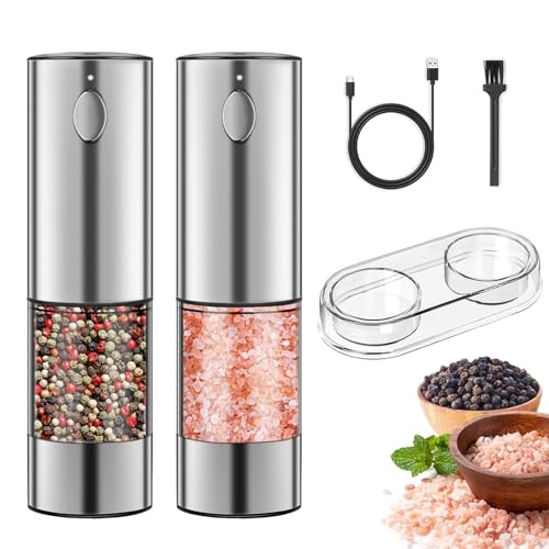 Sliver Glass with Base Electric Salt and Pepper Grinder Set,Haomacro USB Rechargeable Pepper Mill Salt Grinder,Electric Pepper Grinder,Refillable Salt and Pepper Shakers 2 Pack-image