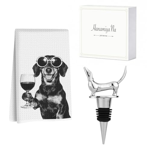 Image of Funny Dachshund Wine Kitchen Towels with Wine Bottle Stopper 24x14 Inch, Dachshund Gifts Reusable Dish Towels for Kitchen Bars Decor, Weiner Dog Gifts for Women Men Christmas Birthday Gift