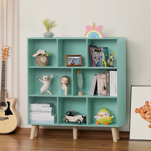 LEYAOYAO 8 Cube Bookshelf 3-Tier Bookcase with Legs, Mint-Green Kids Book Shelf Cute Storage Organizer, Large Open Toy Shelves Modern Bookshelves,Display Bookcases for Bedroom,Living Room,Nursery