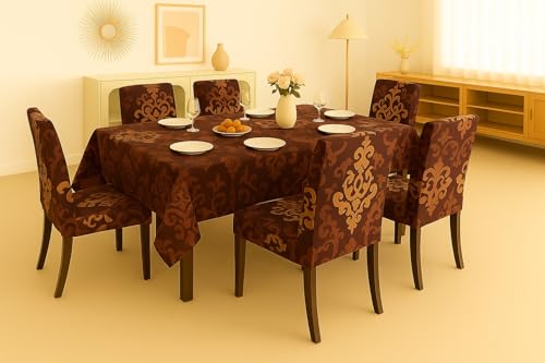 Image of Homerz Premium 6 Seater Dining Table Cloth with 6 Dining Chair Covers,Elastic Fitted Chair Slipcovers, Printed Polycotton Fabric, Table Cloth Size 60x90 inch (Royal Touch)