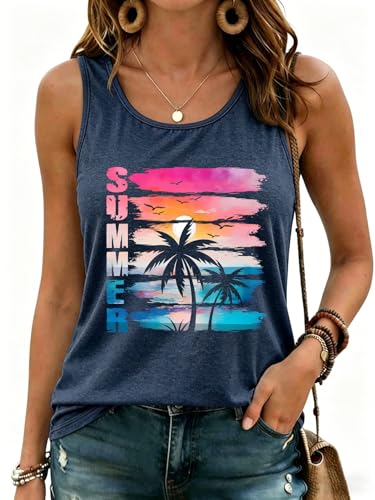 Kajiewo Summer Vacation Tank Top for Women Sleeveless Graphic Tee with Tropical Sunset Palm Tree Print Vertical SUMMER Text