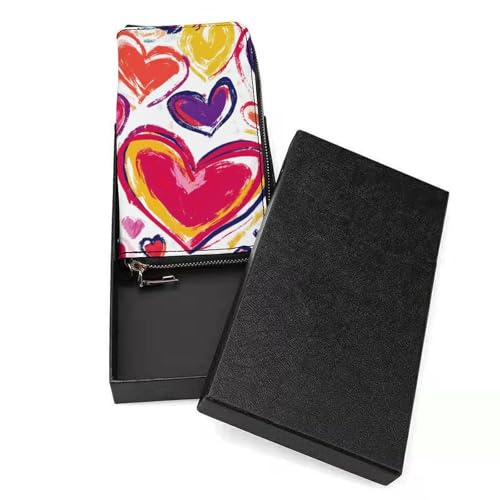 Art Love Heart Pattern Women's Leather Clutch Wallet with Zip Card Holder Hand Strap Large Capacity3