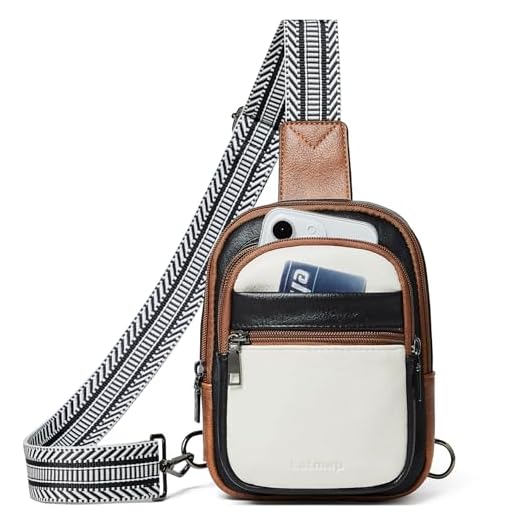 LATMAP Bolsa tiracolo feminina de couro sintético, antifurto, pequena, casual, mochila para o dia, pochete transversal à prova d'água, 3L-preto e bege com acabamento marrom, 3L