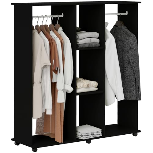 HOMCOM Double Open Wardrobe on Wheels, Bedroom Wardrobe with Clothes Hanging Rails, 3 Storage Shelves, Mobile Garment Rack for Cloakroom, Hallway, Black