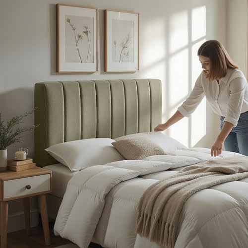 لوح راس كوين منجد، لوح امامي مخيط سهل التجميع مقاس كوين، لوح امامي يثبت على الحائط مع الواح حائط ثلاثية الابعاد عازلة للصوت قابلة للتقشير واللصق، الواح امامية عائمة لسرير بحجم كوين، اخضر زيتوني