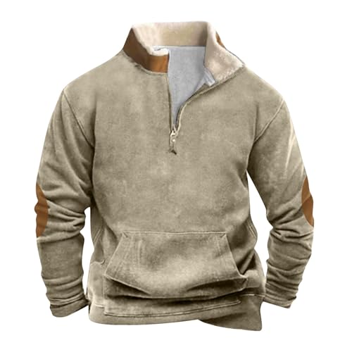Azruma Jagd Pullover Herren Pullover & Strickjacken Für Herren Halloween Pullover Hoody Herren Männer Casual Einfarbig Half Zip Stehkragen Langarm Pullover Mit Fellkragen (3-Khaki, L)