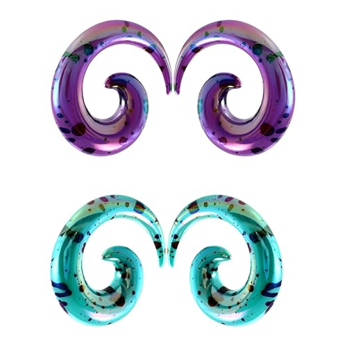 IMINI Kit d'étirements pour piercing en acrylique avec hélices en spirale et bouchons 2 paires (8 tailles: 2-12 mm) en violet vif et turquoise moucheté Y2K Bijouterie pour piercing corporel, Large