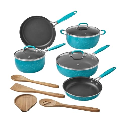 The Pioneers Womans Frontier Speckle 12-Piece Nonstick Aluminum Cookware Set, Teal, with Glass Lids,...