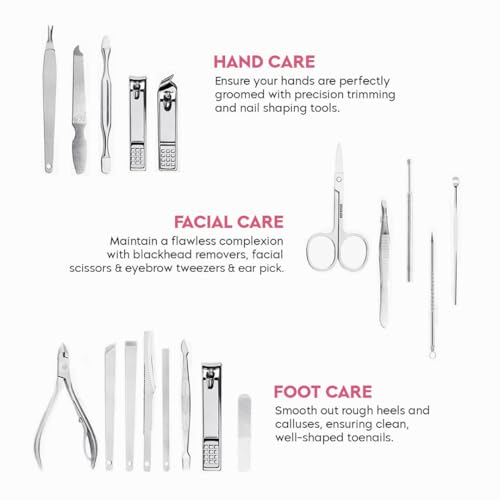 Image of Gleva 18 Pieces Stainless Steel Manicure Kit, Nail Cutter Set, Manicure Pedicure Kit, Manicure Set, Personal Care Nail Clipper Kit, Nail Kit, Nail Tools with Leather Travel Case For Men & Women (Dark Pink)