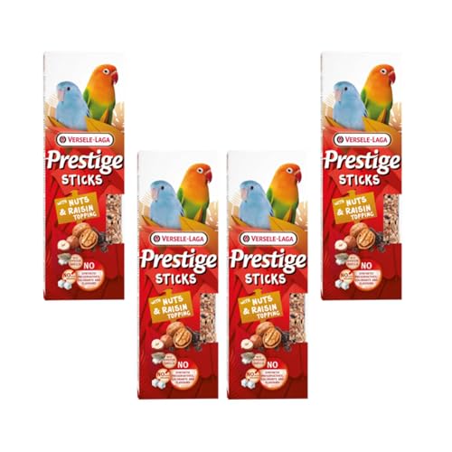 Versele-Laga Prestige Sticks Loros pequeños con nueces y Cobertura de pasas | Paquete de 4 | 4 x 60 g | Snack para Loros pequeños y periquitos | Sin conservantes sintéticos
