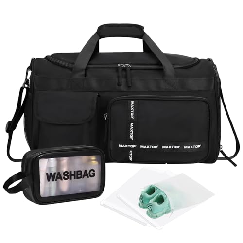 MAXTOP Large Gym Bag for Men Women with Shoe Compartment Wet Dry Separation Black Carry on Duffle Bag for Travel Sports Yoga Fitness Weekend Outdoor Activities