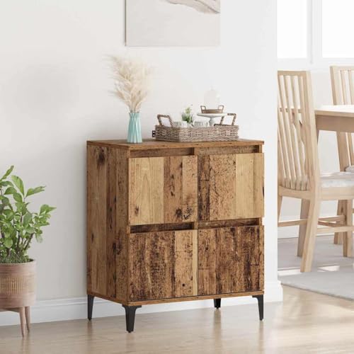 YunCangg Buffet en bois recyclé composite avec pieds en fer 60 x 35 x 70 cm - Buffet de cuisine rustique et meuble de salon avec 4 portes pour un rangement pratique et une décoration élégante