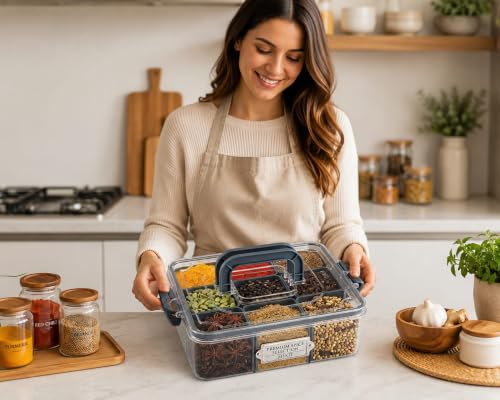 Image of MEKIT Masala box plastic With 9 Compartment | Big Kitchen Stylish Airtight Spice box Container | Transparent Organizer For kitchen storage Dabba (23x23x7cm) Classy Grey