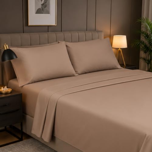 Image of Egyptian Cotton Feel Double Size Flat Bedsheet with 2 Pillow Covers | 1000 TC Soft & Breathable | Taupe Solid Pattern for Bedrooms and Hotels Use (Size: 60 x 100 Inch)