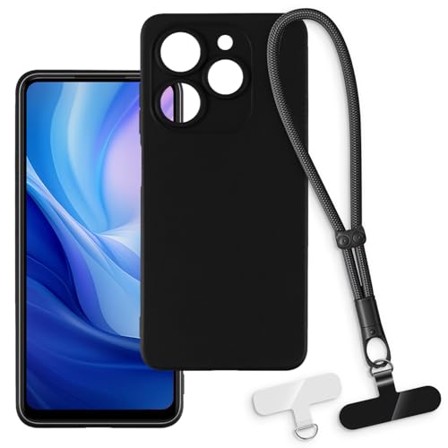 OAGELIM 2-in-1 Protective Case and Wrist Strap Compatible with Tecno Spark 20P 4G Phone Cover with Detachable Lanyard, Anti-Slip Anti-Loss Grip Handle (Black + Black)