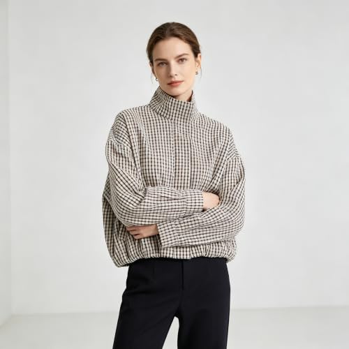 Plaid Bomber Jacket Women Oversized Cropped Funnel Neck Gingham Jacket - image 2