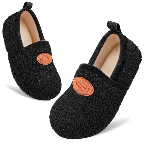 ATHMILE Toddler Kids Slippers Anti-Slip Warm Teddy Fleece House Slippers Slip-On Slipper Socks Lightweight Indoor Outdoor Walking Shoes for Home Travel Kindergarten Gift for Boys Girls