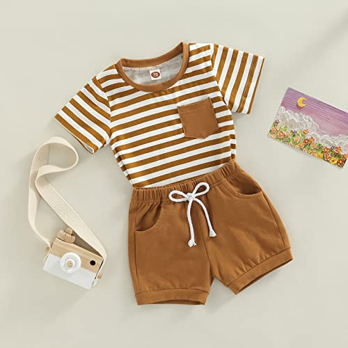 Baby Boys Summer Outfits Set Short Sleeve Striped T-Shirt Tops + Solid Color Short Pants 6 12 18 24 Months 2T 3T (A-Brown, 12-18 Months) #TOP1