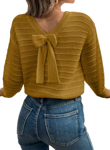 Image of EVALESS Sweaters for Women Long Sleeve Fall Outfits 2026 Back Bow Knot Sweaters Round Neck Solid Knit Pullover Tops