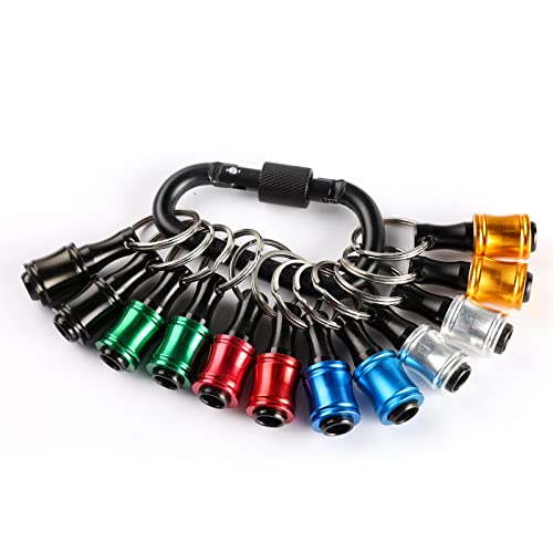 Katerk Portable Bit Holder Keychain, 12 Pcs 1/4 Inch Hex Shank Screwdriver Bits Retainer W/Black Carabiner, Light-Weight Extension Bar Drill Screw Adapter Quick-Change Bit Catcher (5 Colors) #TOP14