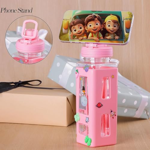 Image of Kawaii Water Bottle with Straw and Lid, 700ml /23.6OZ Cute Water Bottles BPA-free & Leak Proof Square School Drinking Bottle, Cute Plastic Color School Plastic Water Bottle for Girls (Pink)