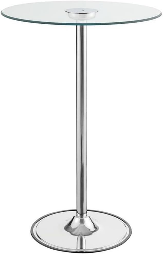 Pemberly Row Round Glass Top Pub Table, 28" Tempered Glass LED Top, Chrome Finish Metal Base, Contemporary Style for Dining Room or Home Lounge, Indoor Use, 42" Tall