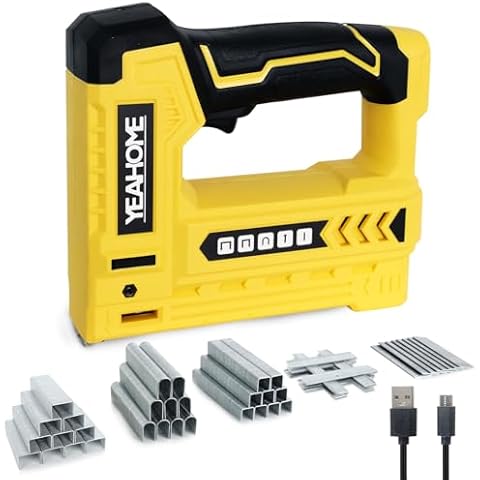 YEAHOME Electric Staple Gun, 5 in 1 Cordless Staple Gun for Upholstery with 1200 5/16" Staples, 600 1/2" U-Shape Staples, 600 19/32” pin Nails, 60019/32” Nails and 1 USB Charger Cable Cover