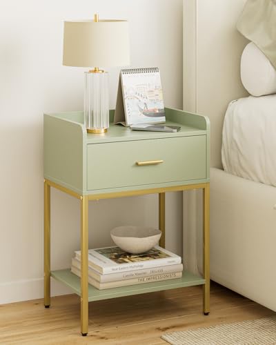 Image of Masupu Nightstand,Bedside Table 3-Tier Modern Night Stand with Storage Drawer and Shelf,Small End Side Table for Bedroom,Living Room,Black (Without Outlet, Green)