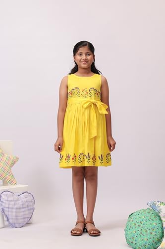 Image of Kids Girls Printed Embroidered Fusion Dress | Handmade Crafted Designer Ethnic Wear | 100% Cotton