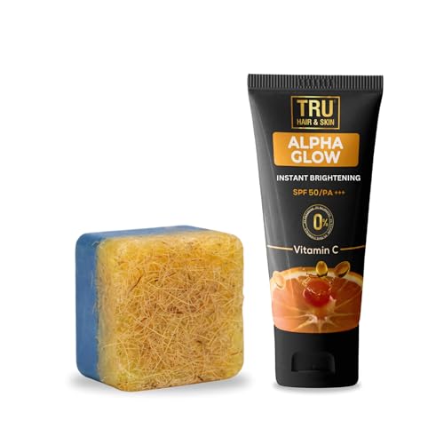 Image of Tru Hair & Skin RebelX Blast Scrub Bathing Bar for Men 100g with AlphaGlow Sunscreen SPF 50 PA+++ 25g | Deep Cleansing Handmade Soap & Daily Sun Protection Combo