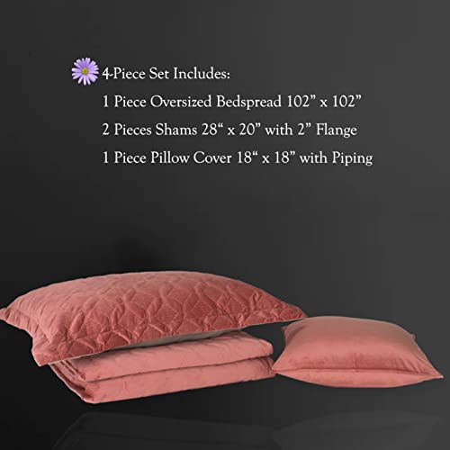 Querencia 4 Piece Dusty Rose Comforter Set King Size Coverlet Velvet Bedspread - 102 X 102 Pink Quilt Oversized Bed Spread, Luxury Geometric Lattice Modern Bedding, Embroidered (Sham 28X20) #TOP2