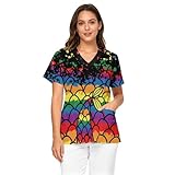 Buxolandt Dreamy Mermaid Scale Womens Scrub Tops Cute Animals V Neck Short Sleeve Shirts Stretch Nurse Uniform Medical Scrubs with Pockets for Pediatric Clinic, Pet Hospitals Black S