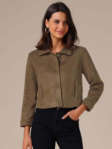 Allegra K Womens Faux Suede Cropped Jacket Collar Long Sleeve Button Down Short Jackets Coat3