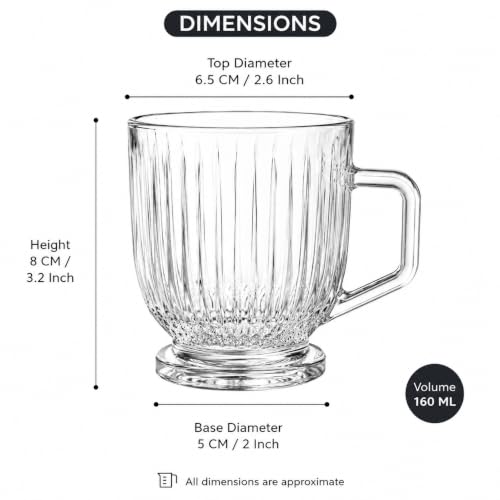 Image of IndusBay Fluted Glass Tea Cups with Handle [Pack of 6] (160ml) - Premium Crystal Clear Coffee Mugs, Vintage Ribbed Chai Glasses |Lead-Free & BPA-Free