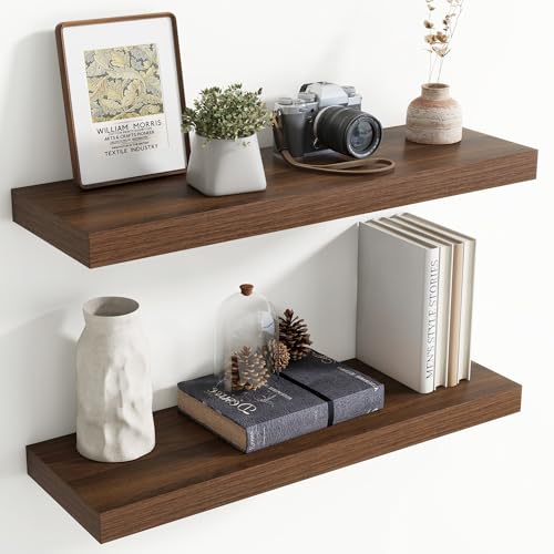 Image of 30 Inch Floating Shelves for Wall, 8 Inch Deep Floating Shelf for Storage & Display, Rustic Wall Mounted Shelf with Invisible Brackets for Living Room, Kitchen, Bathroom, Home Decor, Set of 2, Walnut