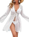 AOLRO Women Long Sleeve Bathing Suit Cover Ups Tie Front Summer Sexy White Beach Cover Up Soft Comfy