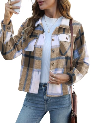 HWOKEFEIYU Fall Flannels for Women Cropped Shacket Jacket Plaid Long Sleeve Button Down Shirt 2025 Coat Tops