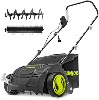 Sun Joe AJ801E 12-Amp, Electric Dethatcher and Scarifier w/Removeable 8-Gallon Collection Bag, 5-Position Height Adjustment, Airboost Technology Increases Lawn Health, 13 inch, Green