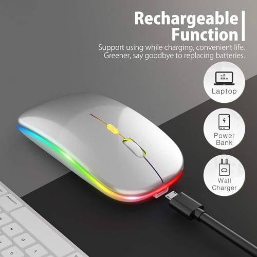 Image of LED Wireless + Bluetooth Mouse, Slim Silent 2.4G Portable Mobile Optical Office Mouse with USB & Type-c Receiver, 3 Adjustable DPI Levels for Notebook, PC, Laptop, Computer (Silver)